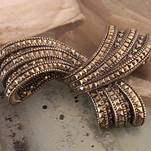 Judith Jack Sterling Silver and Marcasite Art Deco Modernistic Double Swirl Bow Brooch