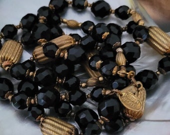 Miriam Haskell Black and Gold   32"  Long Beaded Necklace | Vintage Haskell Faceted Glass & AntiquedBrass Necklace | Haskell Jewellery 1970s