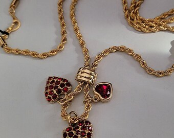 Swarovski Heart Charms Necklace, Gold Plated Red Crystal 31" Rope Chain Pendant Necklace