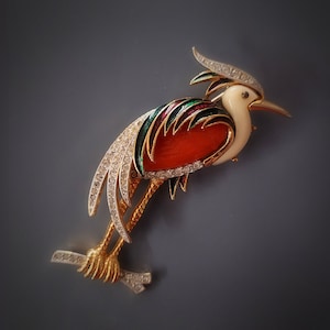 Unsigned HATTIE CARNEGIE Majestic Heron Egret Rhinestone Enamel Brooch Pin
