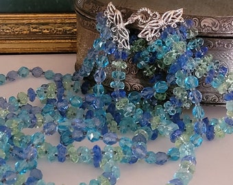 Multi Strand Sparkling Blue Green Glass Crystal Bead VTG Necklace, Signed Marvella