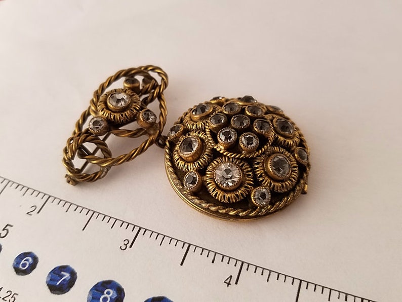 Sandor Locket Brooch Ornate Antiqued Gold Tone