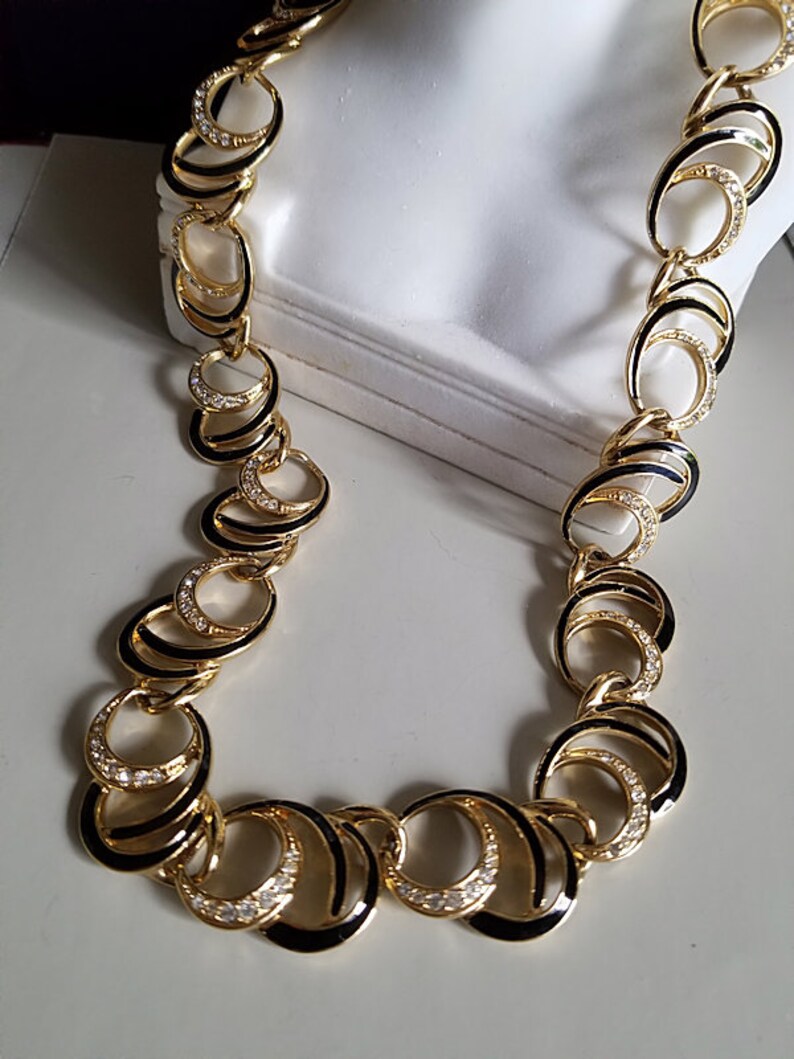 Trifari TM Black and Gold Crescent Moons Link Necklace