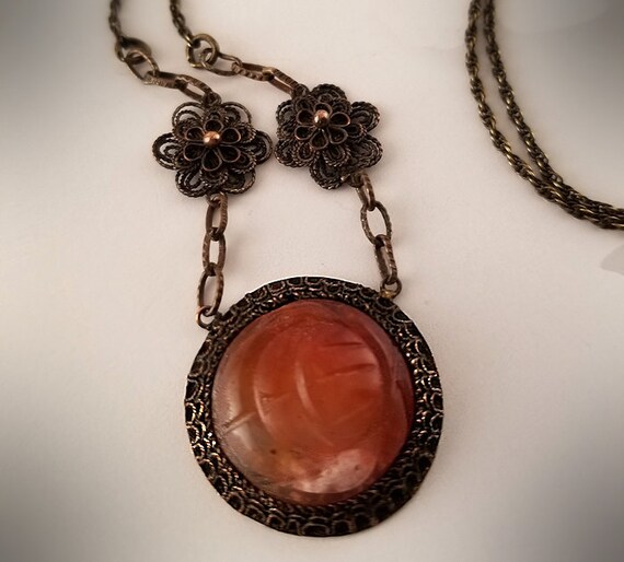 1920s Chinese Orange Jade & Filigree Pendant Neckl
