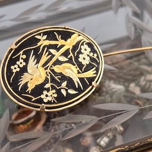 Damascene Birds & Flowers Small Vintage Oval Pin Brooch