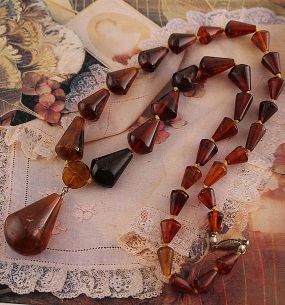 Amber Tear Drop Beaded Necklace Antique