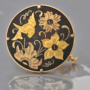 Damascene Etched Flowers & Birds Gold Niello Round Pin Brooch