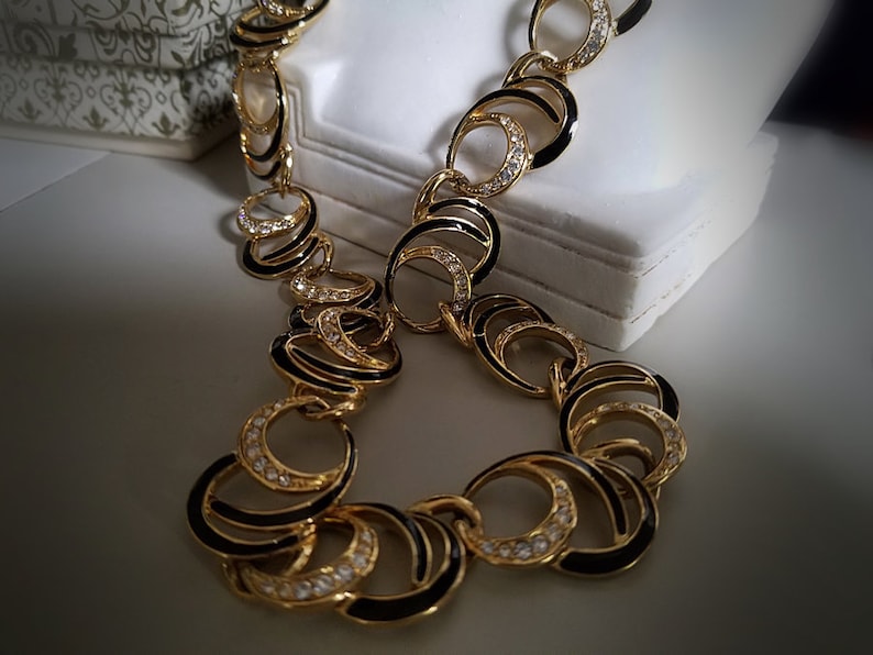 Trifari TM Black and Gold Crescent Moons Link Necklace