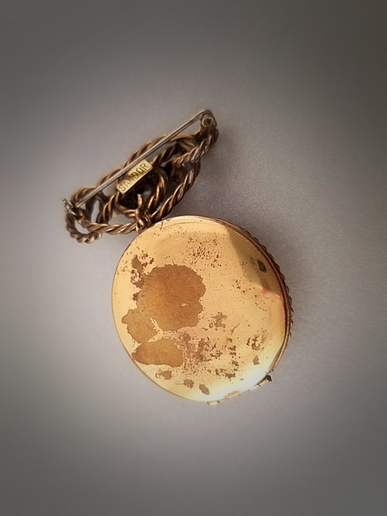 Sandor Locket Brooch Ornate Antiqued Gold Tone