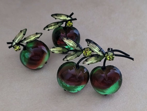Vintage Austria Signed Cherry Fruit Brooch Earrings Set, Red and  