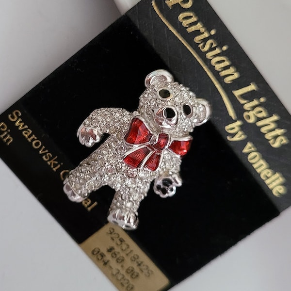 Parisian Lights Vonelle SWAROVSKI Crystal Sparkly Glittery TEDDY BEAR Pin Brooch (Small) Signed, Original Card