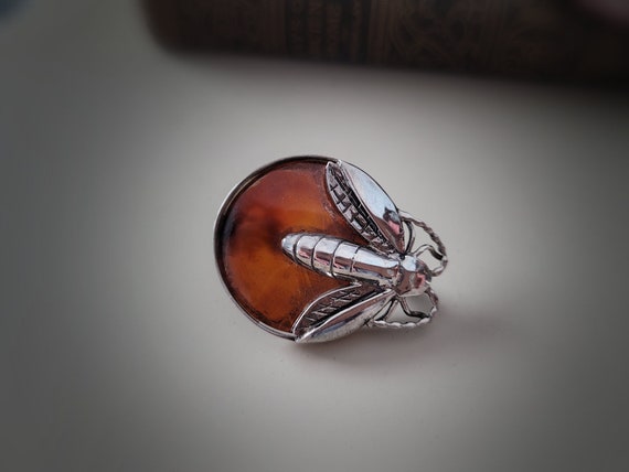 Agate & Sterling Silver Flying Insect Brooch - image 1