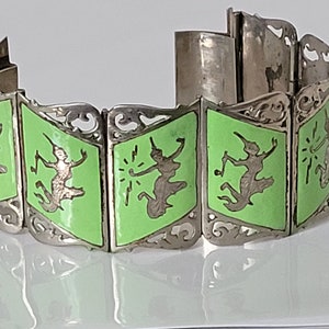 VTG Sterling Silver 925 SIAM Thai Dancer Wide Bracelet, Green Enamel Picture Panel Link Bracelet