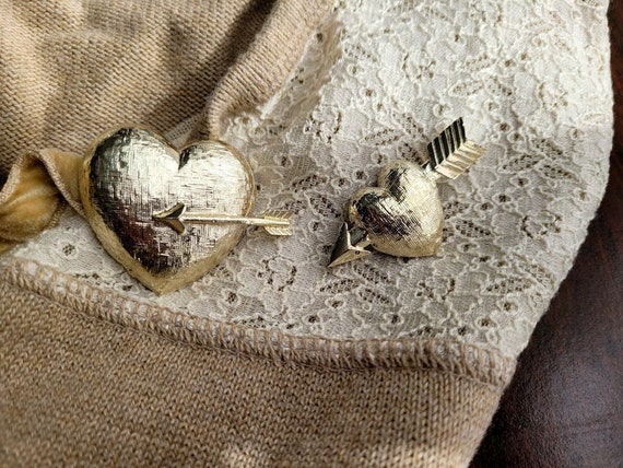 Vintage Valentine Heart Brooch Set - Pierced by A… - image 1