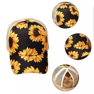 Sunflower cap / hat w/ ribbon ponytail