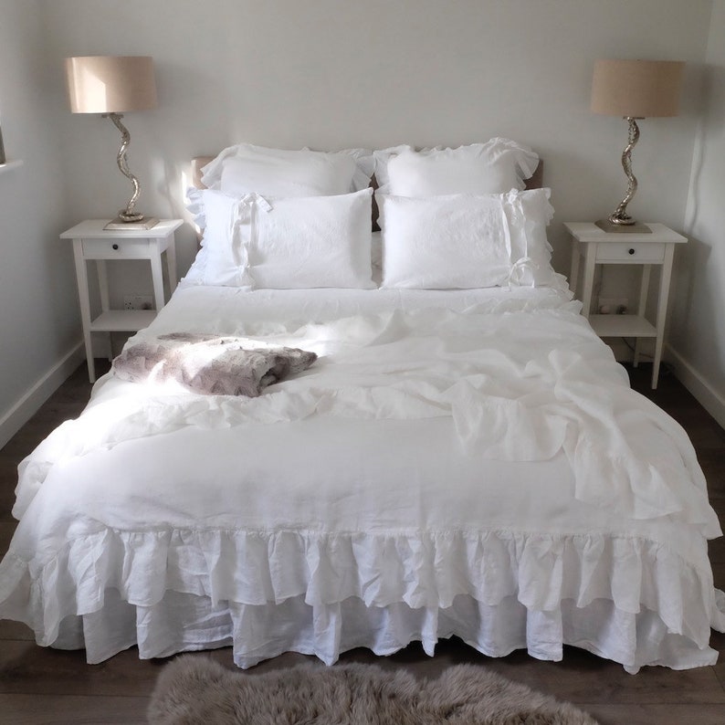 White Linen Duvet Cover Ruffled Shabby Chic Image 0