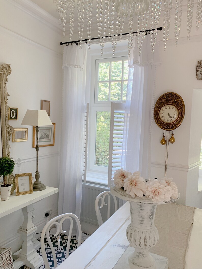 Shabby Chic Curtains Linen Curtain Panels Boho Curtains with Pom Pom trim