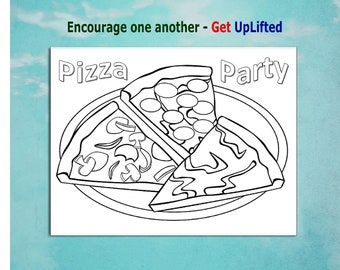 Pizza Party Coloring Page Printable for enjoyment & stress relief for both kids and adults.  Include 2 half page card/party invite formats