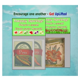 Peut inclure: Une pancarte verte et rouge avec le texte "Happy Spring! Plant a seed! Grow your heart!" avec des images de différents légumes. En dessous de la pancarte, trois sachets de graines, un pour les pois, un pour les carottes et un pour les graines de lys d'héritage.