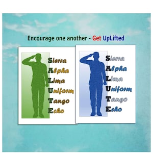 Salute Soldier print using the phonetic alphabet for your military spouse, son or daughter, or mentor. NATO Phonetic Alphabet printable