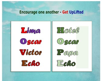Love & Hope Phonetic Alphabet printable for your Living Room or Den or as a gift for your military spouse, son or daughter. NATO alphabet