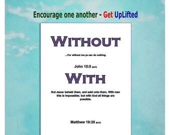 With God Bible verse wall art, Printable, Home decor, Bible Verse, Wall art, Digital download, Quote printable, John 15 5 Matthew 19 26