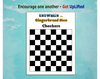 printable Checkers board game and pieces - Snowmen vs. Gingerbread men - for families of kids and adults to play, laugh, and learn together.