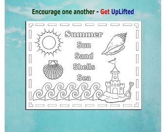 Summer Coloring Page - Sun Sand Shells Sea printable - for enjoyment and stress relief for both kids and adults, Printable-download color