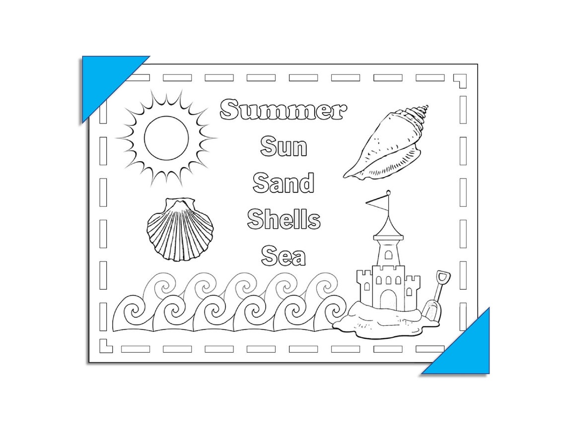 Summer Coloring Page - Sun Sand Shells Sea Printable - for Enjoyment and Stress Relief for Both ...