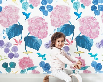 Papel pintado de hortensias y colibríes, decoración floral para la pared de la habitación de un bebé