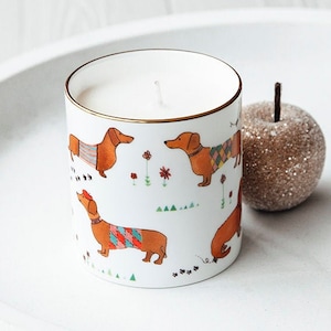 Fine Bone China Sausage Dog Print Candle, Hand Painted Luxury Soy Wax Candle, Hand Poured Candles Made in England, Wild Fig and Grape Scent image 1