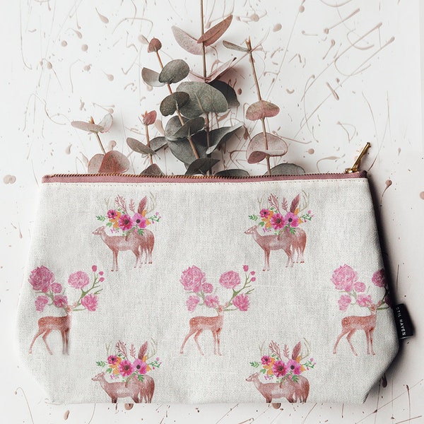 Boho Floral Woodland Deer Print Wash Bag, Floral Stag Print Toiletry Bag, Christmas Wash Gift, Boho Mum Gift, Large Deer Print Zipper Pouch