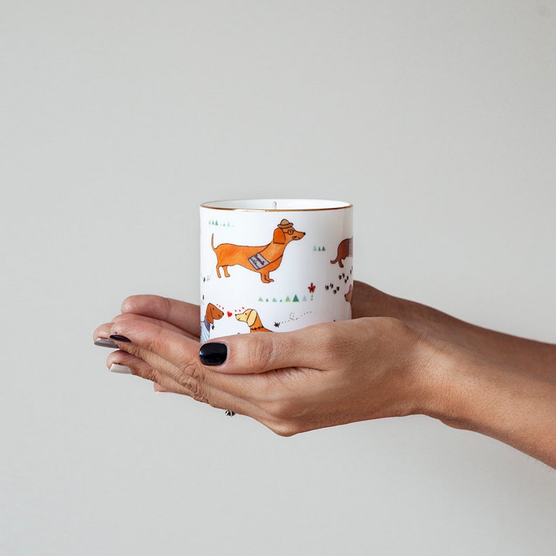 Fine Bone China Sausage Dog Print Candle, Hand Painted Luxury Soy Wax Candle, Hand Poured Candles Made in England, Wild Fig and Grape Scent image 2