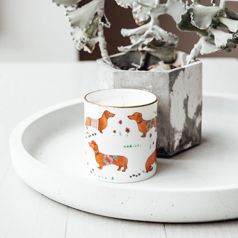 Fine Bone China Sausage Dog Print Candle, Hand Painted Luxury Soy Wax Candle, Hand Poured Candles Made in England, Wild Fig and Grape Scent image 3