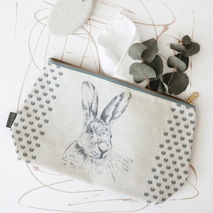 LARGE Hare Print Cosmetic Bag - Boho Bunny Makeup Organizer - Eco-Friendly Gift for Her, Rustic Woodland Makeup Bag - Travel-Friendly Design