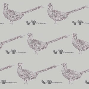 May include: A seamless pattern featuring a repeating design of a pheasant bird with a long tail and a sprig of pine cones. The pheasant and pine cones are in shades of gray and pink against a light gray background.