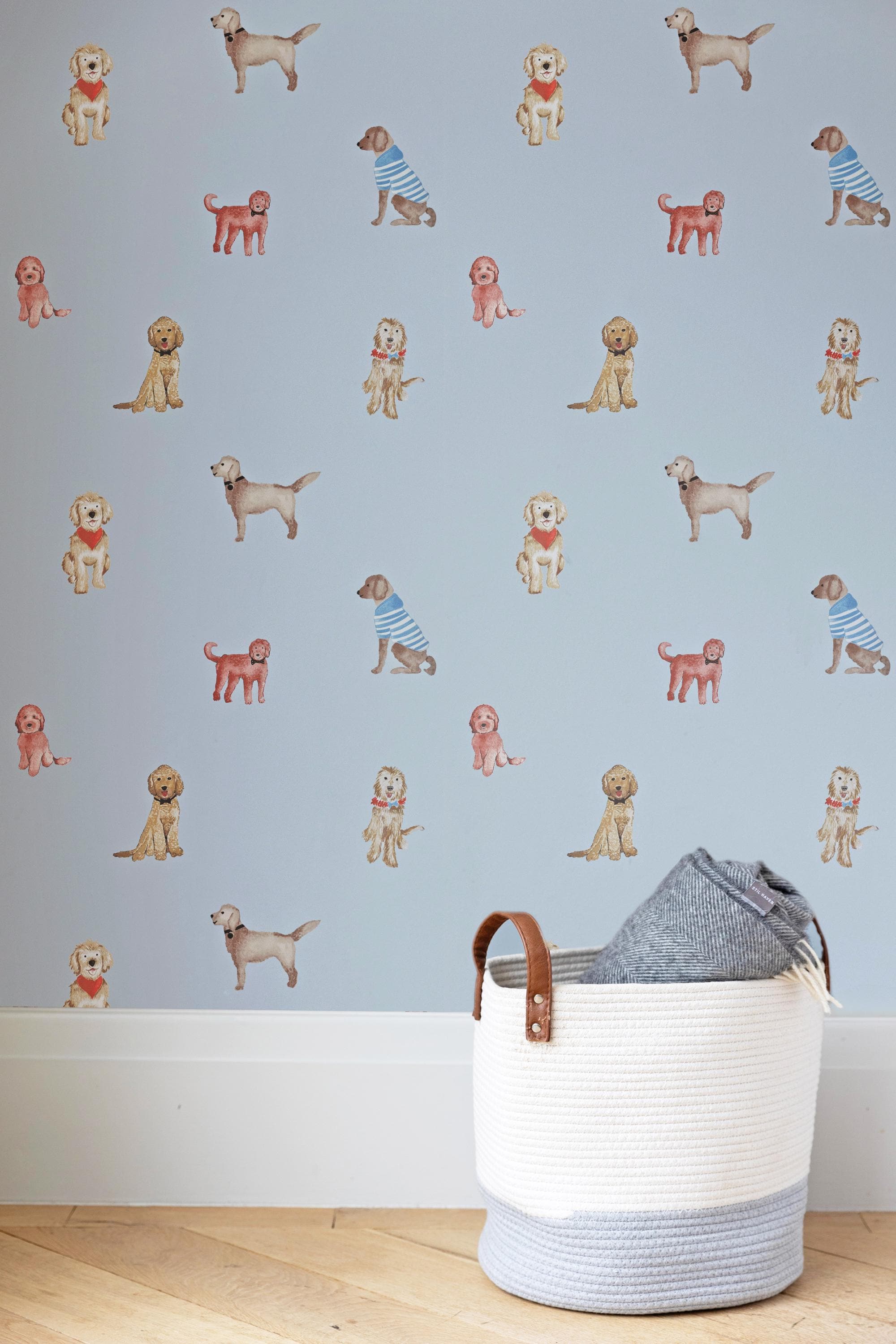 Goldendoodle dog design wallpaper for children and adults, blue and cream dog wallpaper design, poodle wallpaper, golden retriever wallpaper
