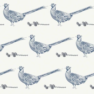 May include: A seamless pattern featuring blue and white illustrations of pheasants and pine cones on a white background.