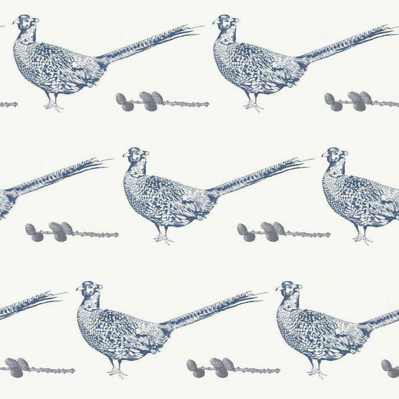 May include: A seamless pattern featuring blue and white illustrations of pheasants and pine cones on a white background.