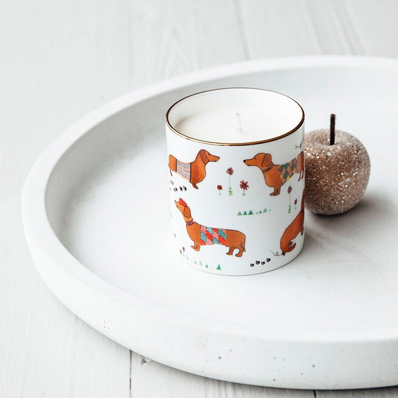 Fine Bone China Sausage Dog Print Candle, Hand Painted Luxury Soy Wax Candle, Hand Poured Candles Made in England, Wild Fig and Grape Scent image 1