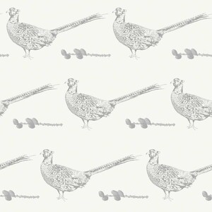 May include: A seamless pattern featuring a repeating design of gray and white pheasants with pine branches. The pheasants are drawn in a vintage style.