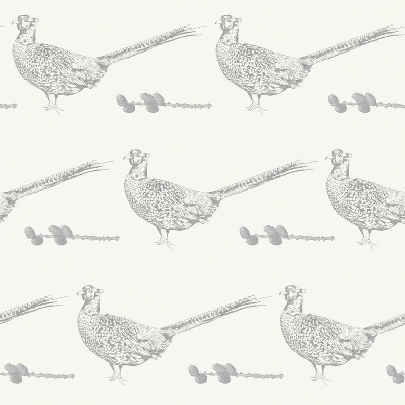 May include: A seamless pattern featuring a repeating design of gray and white pheasants with pine branches. The pheasants are drawn in a vintage style.