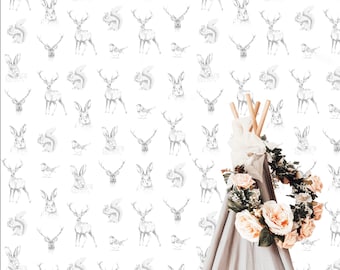 A4 Sample of In The Wild wallpaper, Deer Robin Stag wallpaper, Hare Print Wallpaper, Rabbit Bunny Wallpaper, Hallway Decor, Woodland Wall