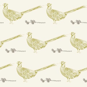 May include: A seamless pattern featuring a repeating design of green pheasants and small gray pine cones on a cream background.