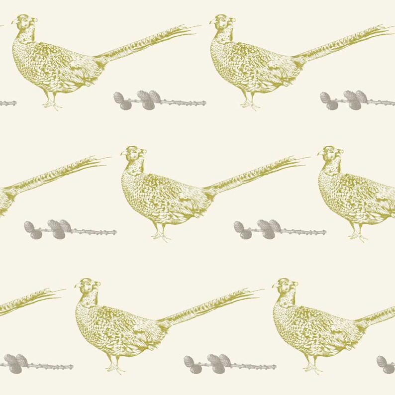May include: A seamless pattern featuring a repeating design of green pheasants and small gray pine cones on a cream background.