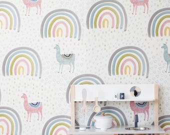 A4 Sample of Llamas and Rainbows Wallpaper for Kids Rooms Nursery, Llama Wallpaper, Rainbow Wallpaper, Nursery Decor, Kids Room Wallpaper