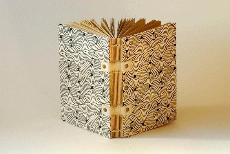 Travel notebook with caramel and black or ivory and black geometric patterns, this handmade notebook is made up of 120 pages of kraft paper image 7