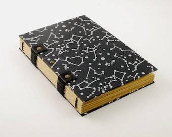 Black travel diary covered with constellations, original gift idea kraft paper notebook, Coptic binding