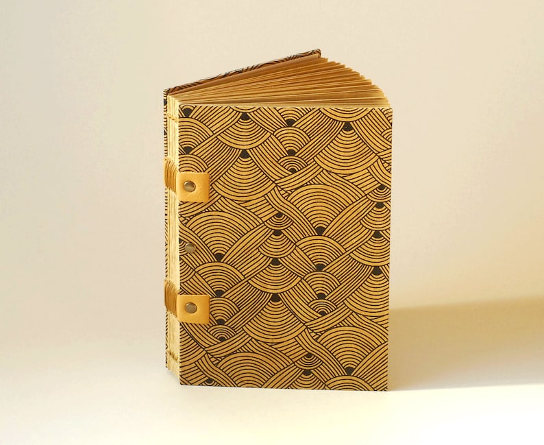 Travel notebook with caramel and black or ivory and black geometric patterns, this handmade notebook is made up of 120 pages of kraft paper image 2