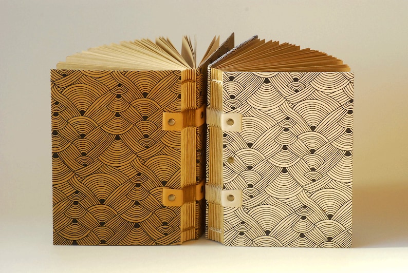 Travel notebook with caramel and black or ivory and black geometric patterns, this handmade notebook is made up of 120 pages of kraft paper image 8